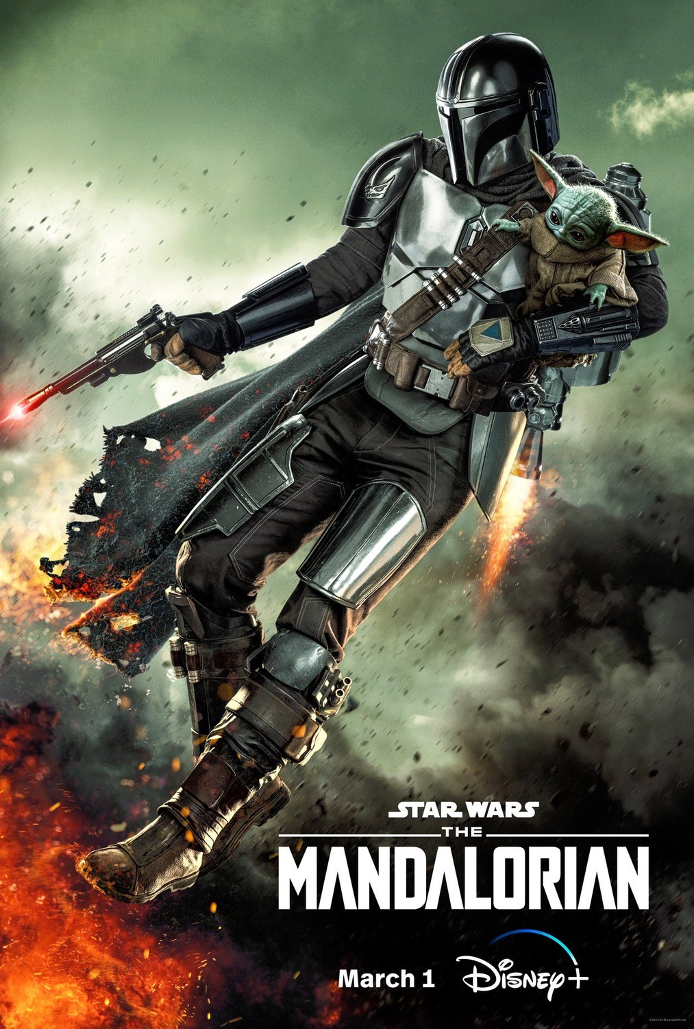 Affiche de la saison 3 de The Mandalorian&nbsp;: Din Djarin en vol, Grogu dans les bras
