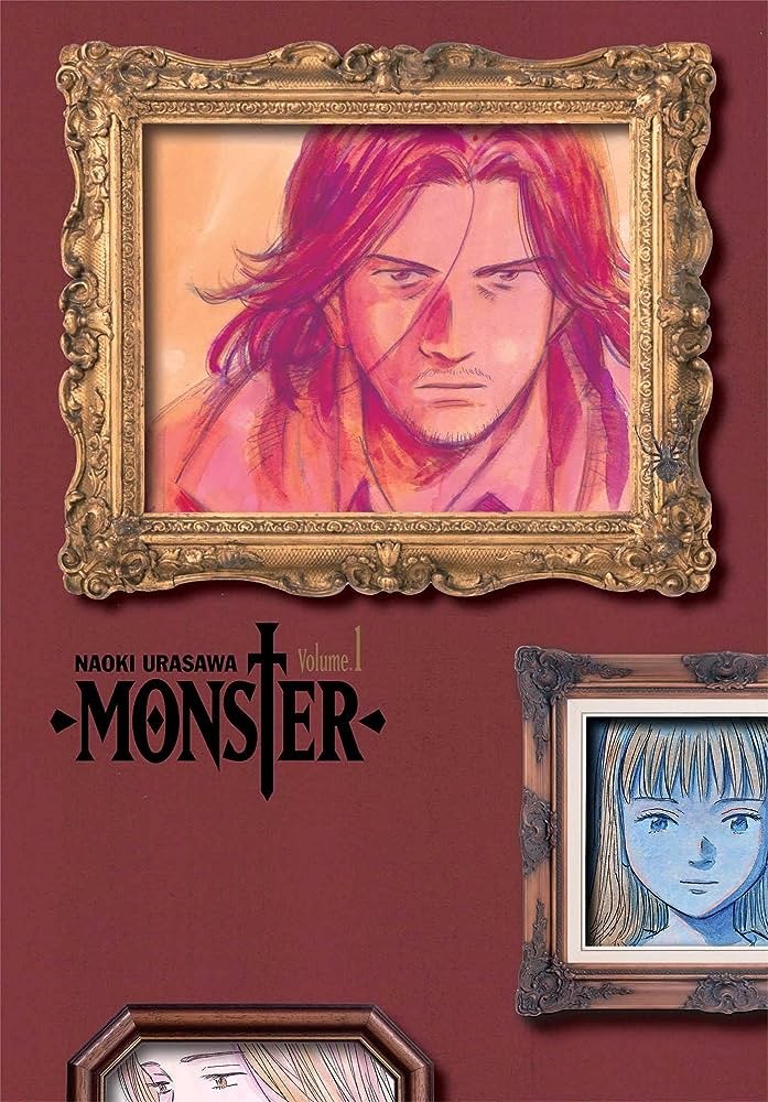 Couverture du volume 1 de Monster de Naoki Urasawa&nbsp;: des portraits dans des cadres dorés