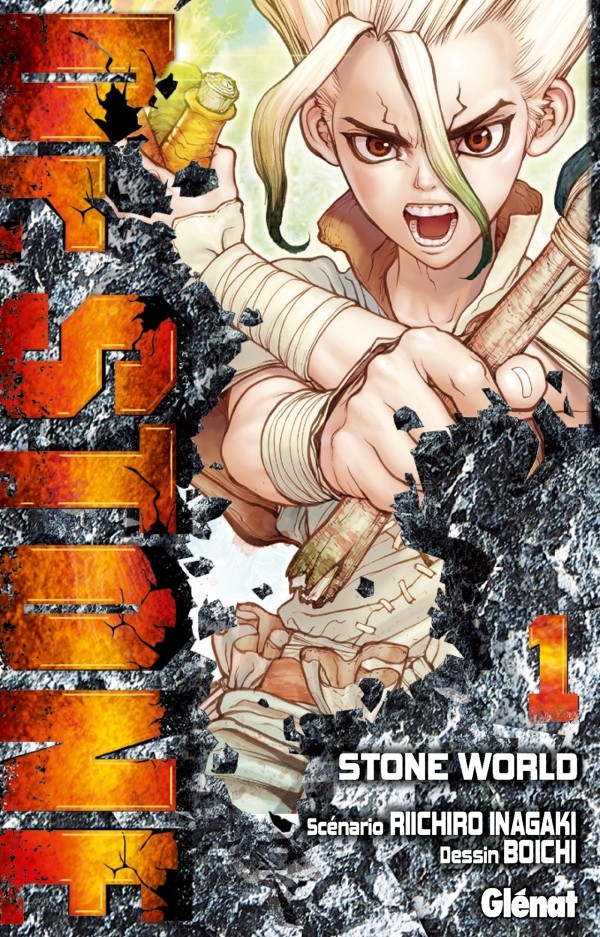 Couverture du tome 1 de Dr. Stone chez Glénat&nbsp;: Senku émerge de la pierre, fiole en main