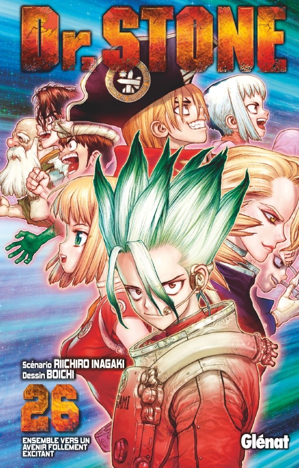 Couverture du tome 26 de Dr. Stone chez Glénat&nbsp;: Senku en combinaison entouré de ses compagnons