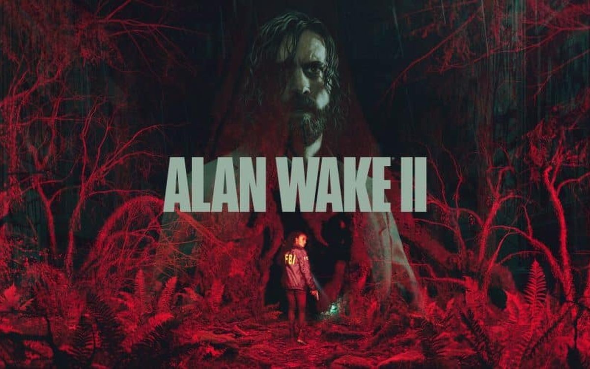 Affiche d’Alan Wake 2&nbsp;: le visage d’Alan au-dessus d’une forêt rouge, une agente du FBI lampe à la main