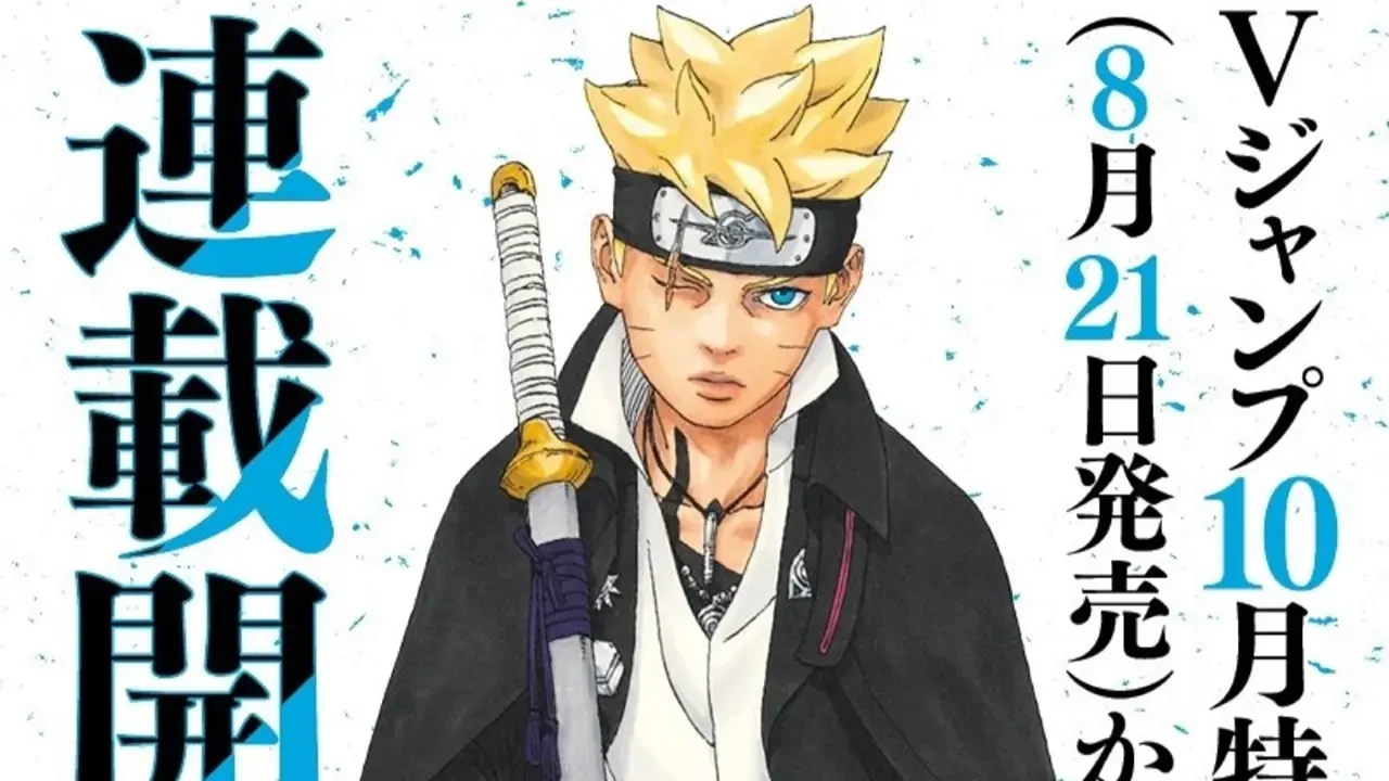 Boruto adolescent, cheveux blonds, bandeau frontal et cicatrice à l’œil, un sabre sur l’épaule, sur une affiche en japonais