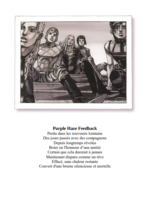 Page du roman : l’équipe de Buccellati assise sur des marches, suivie du poème Purple Haze Feedback