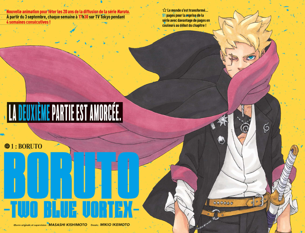 Page couleur du chapitre 1 de Boruto: Two Blue Vortex, avec Boruto, écharpe rose au vent et sabre à la ceinture