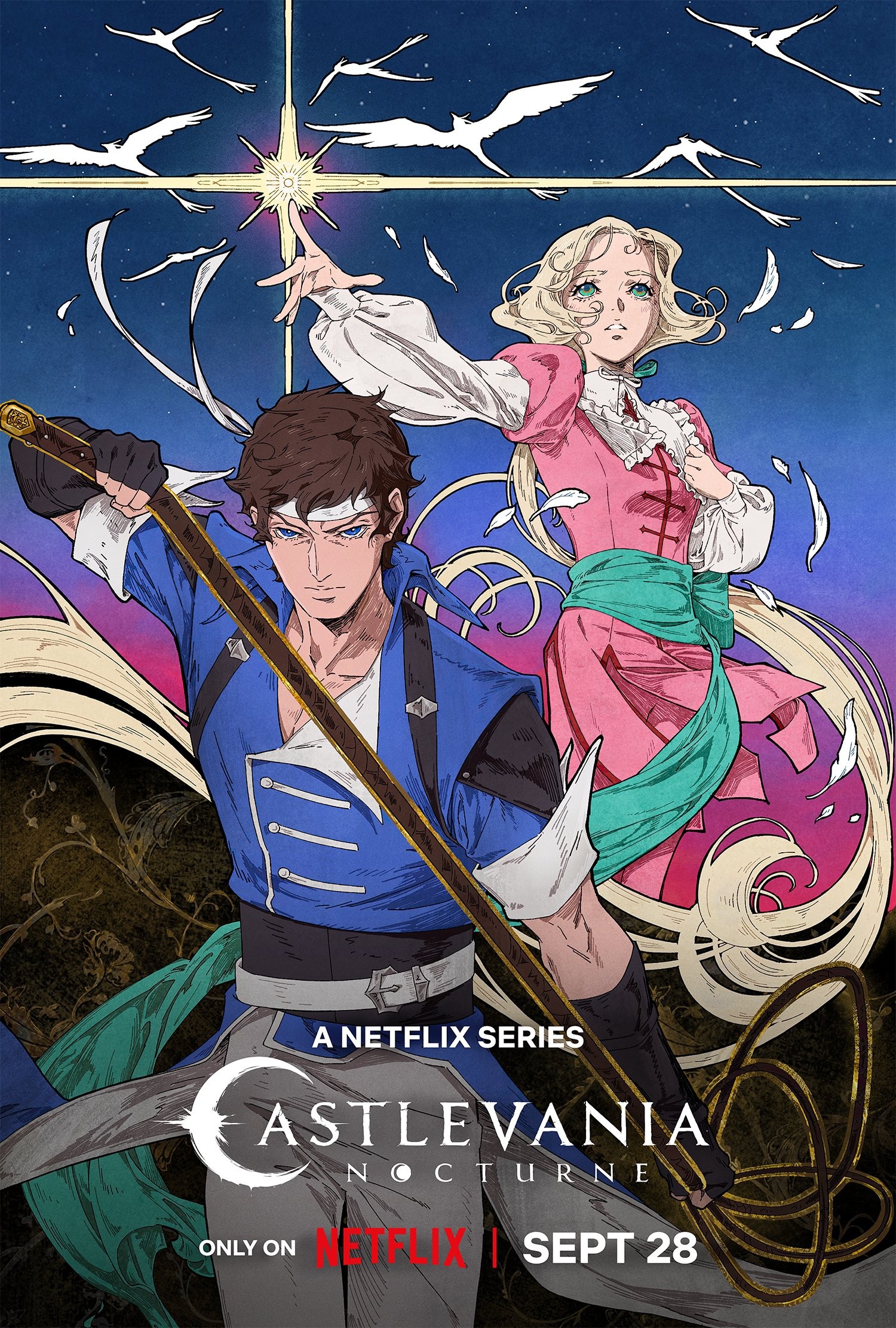 Affiche de Castlevania&nbsp;: Nocturne&nbsp;: Richter Belmont, fouet en main, et Maria Renard sous un ciel étoilé