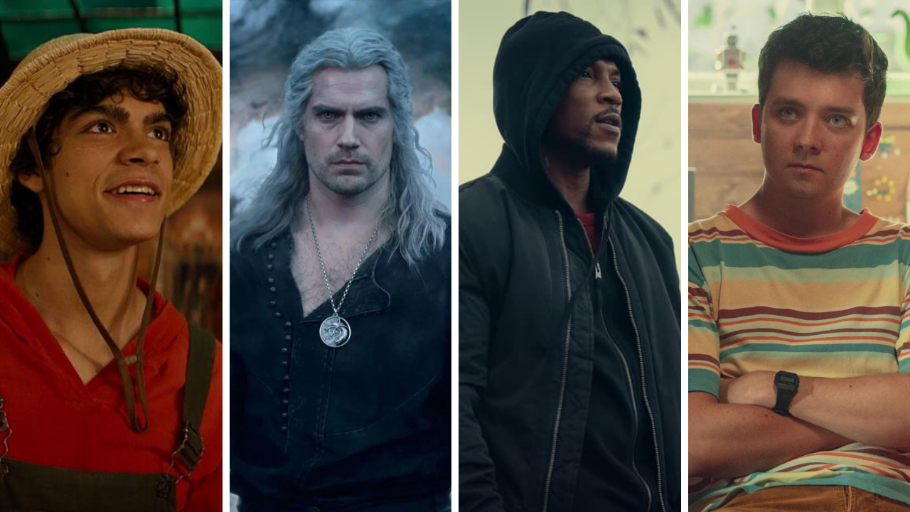 Montage de quatre personnages des séries One Piece, The Witcher, Top Boy et Sex Education