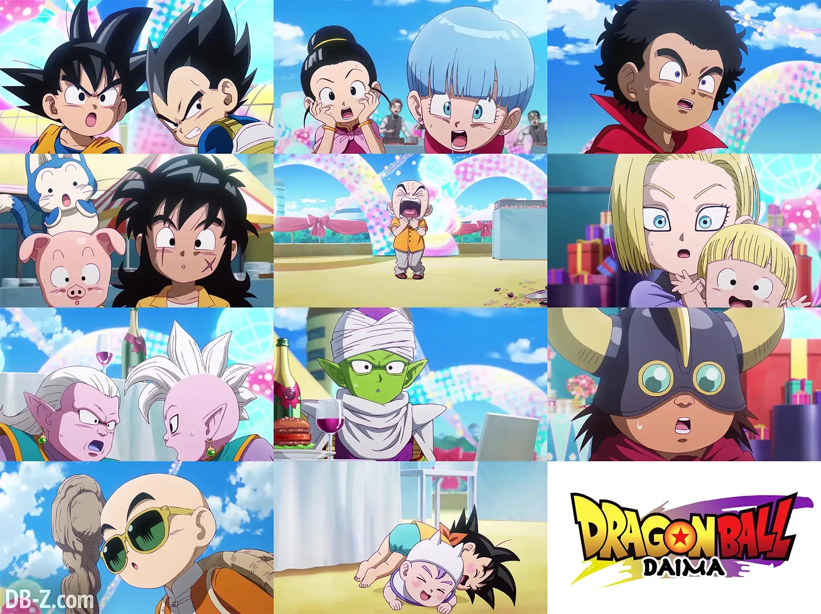 Mosaïque de Dragon Ball Daima : Goku, Vegeta, Bulma, Piccolo et leurs amis en version enfant