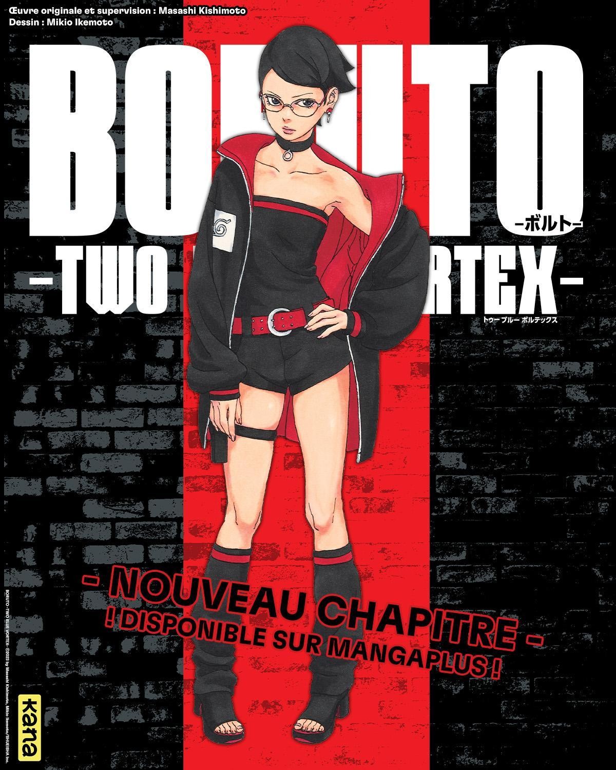 Affiche Kana de Boruto: Two Blue Vortex avec Sarada en veste noire et rouge, annonçant un nouveau chapitre sur Manga Plus