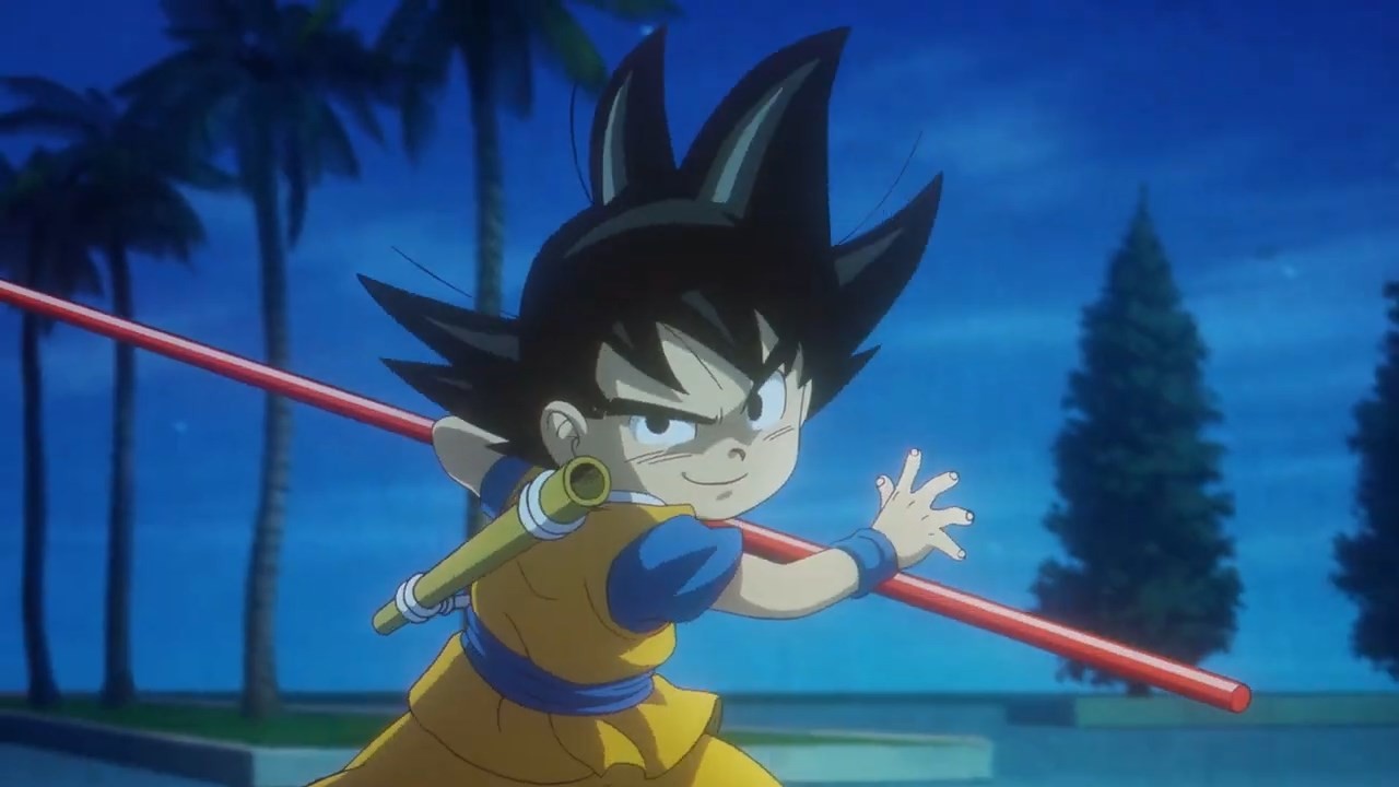 Goku enfant, le bâton magique sur l’épaule, dans la bande-annonce de Dragon Ball Daima