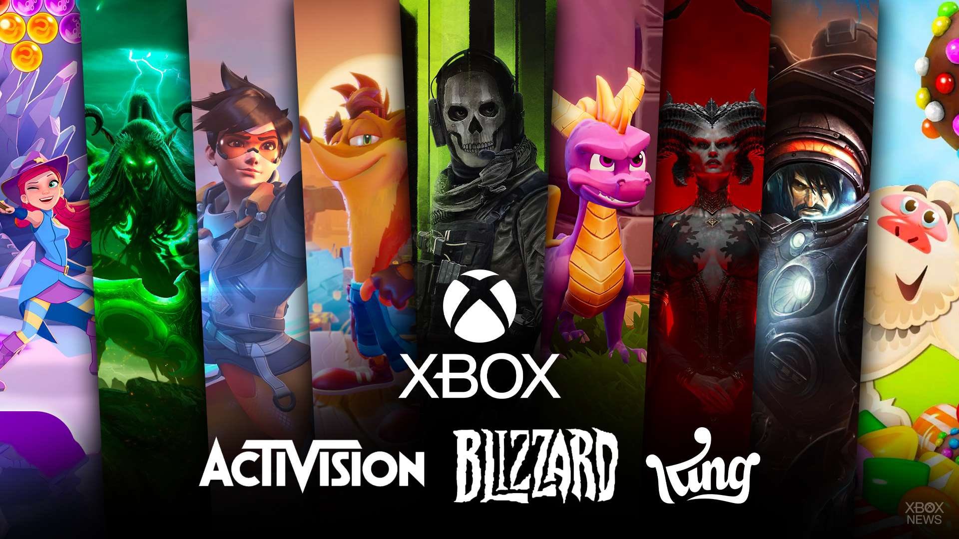 Logos Xbox, Activision, Blizzard et King devant des héros de leurs jeux&nbsp;: Tracer, Crash, Spyro, Ghost, Lilith