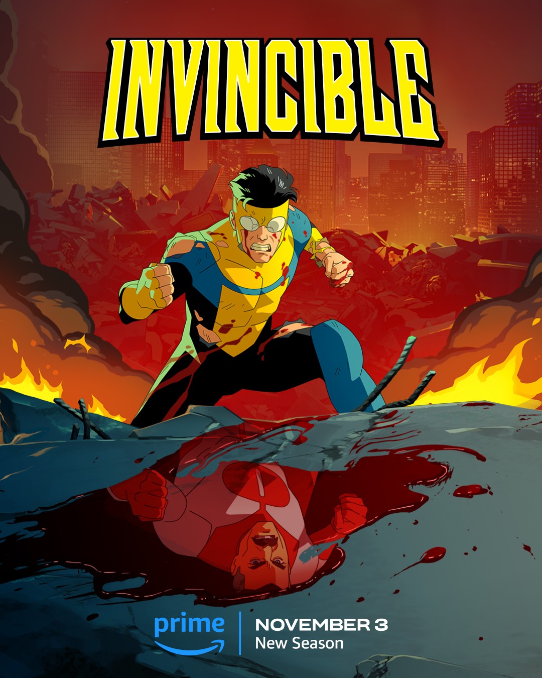 Affiche de la saison 2 d’Invincible&nbsp;: Mark ensanglanté au-dessus du reflet d’Omni-Man, sortie le 3 novembre