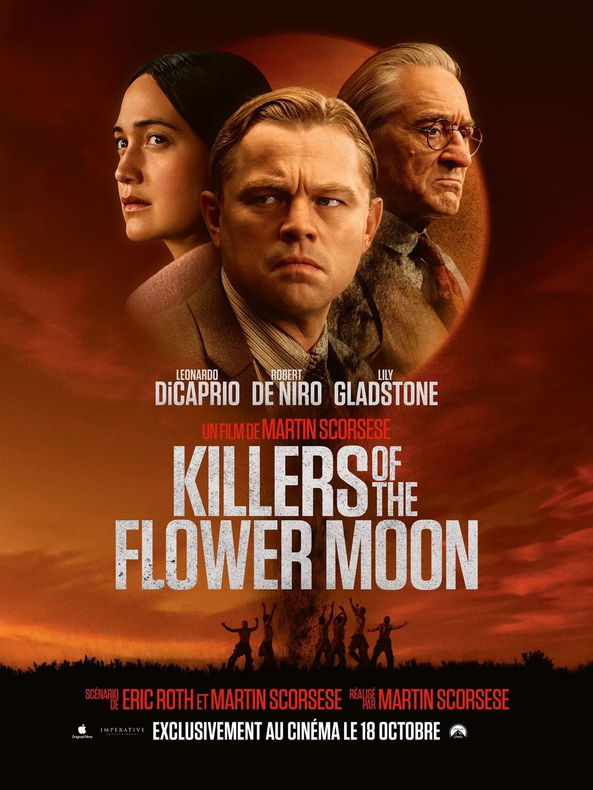 Affiche française de Killers of the Flower Moon avec Lily Gladstone, Leonardo DiCaprio et Robert De Niro