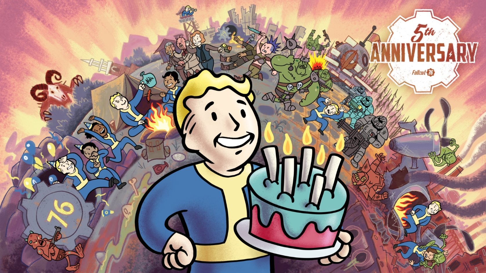 Visuel des 5 ans de Fallout 76&nbsp;: Vault Boy tient un gâteau d’anniversaire, entouré de personnages du jeu