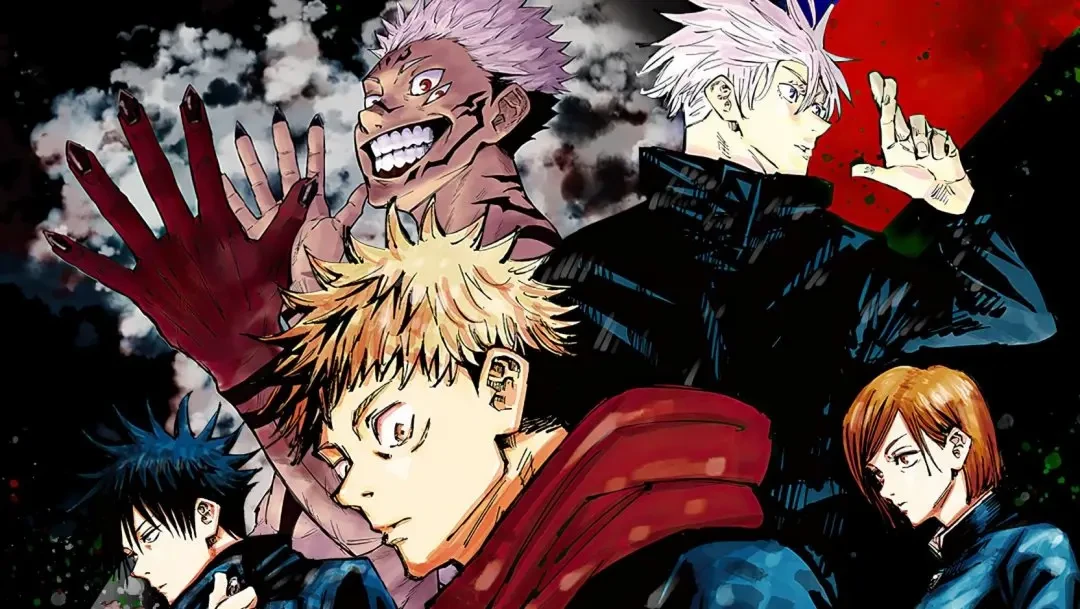 Illustration de Jujutsu Kaisen&nbsp;: Yuji Itadori au premier plan, entouré de Sukuna, Gojo, Megumi et Nobara