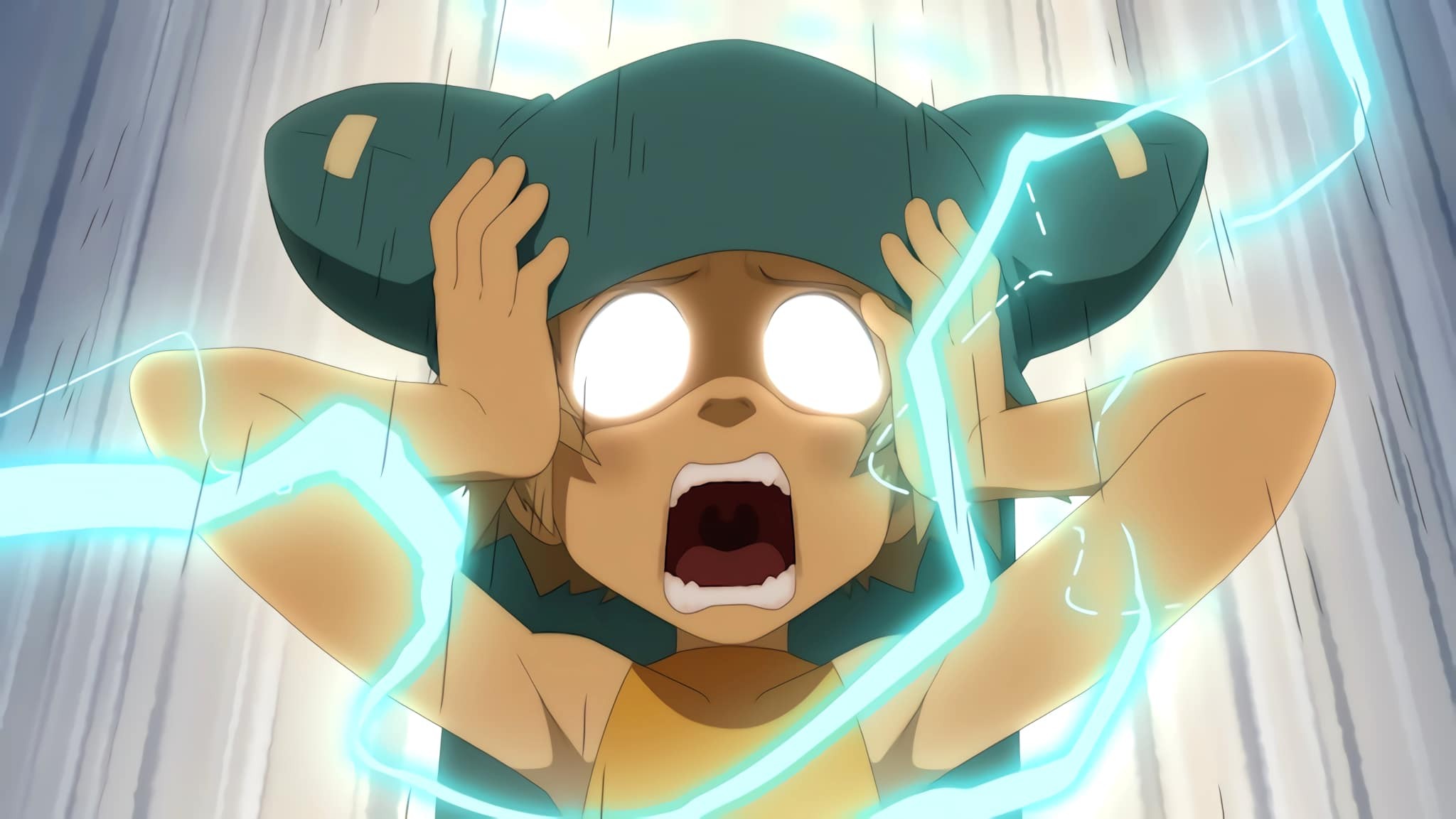 Yugo, les yeux brillants, se tient la tête en hurlant, entouré d’éclairs bleus dans Wakfu