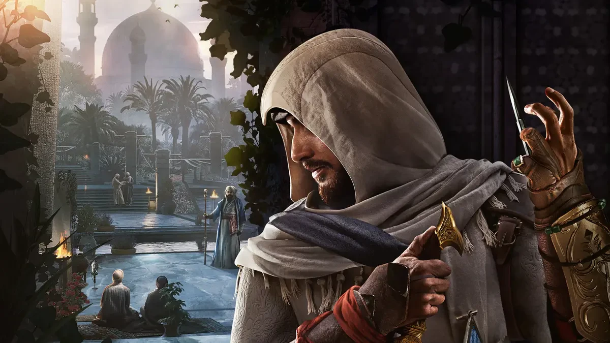 Basim encapuchonné, poignard en main, devant un palais et ses jardins dans Assassin’s Creed Mirage