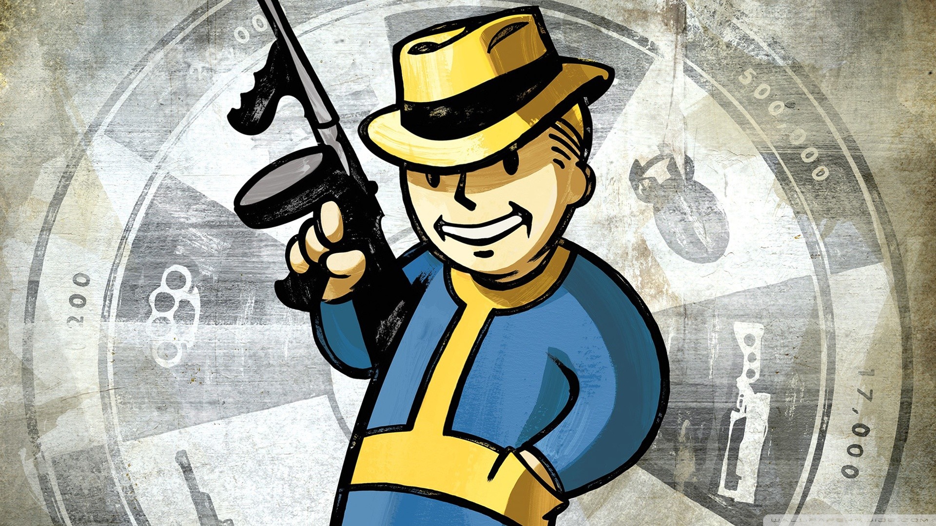 Illustration de Vault Boy, la mascotte de Fallout, coiffé d’un chapeau et armé d’une mitraillette