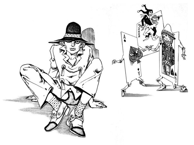 Illustration du roman : Cannolo Murolo accroupi et son stand All Along Watchtower, fait de cartes à jouer