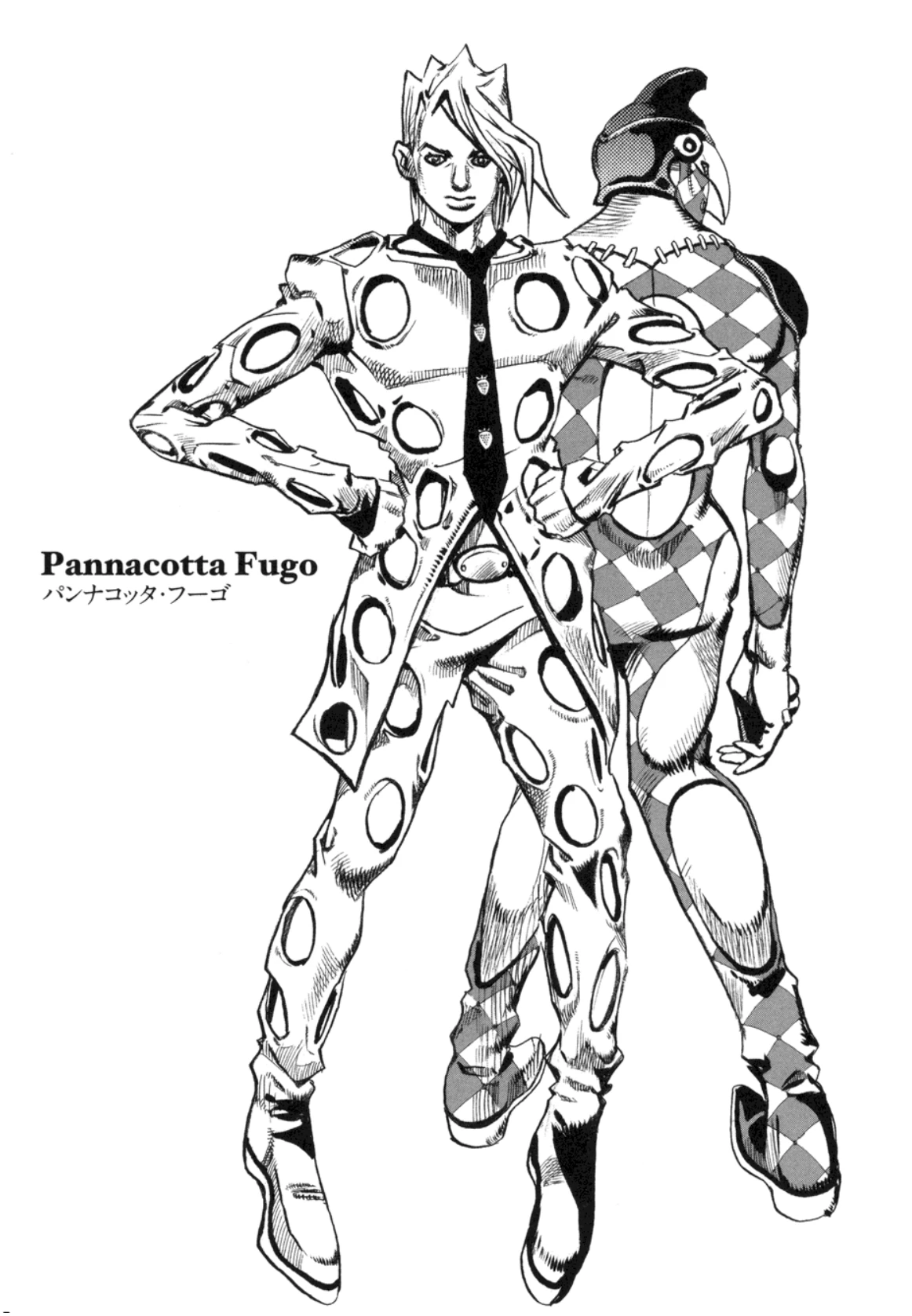 Illustration en noir et blanc de Pannacotta Fugo, mains sur les hanches, dos à dos avec Purple Haze
