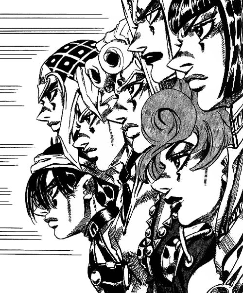 L’équipe de Bruno Buccellati de profil, en noir et blanc, dans le manga Golden Wind