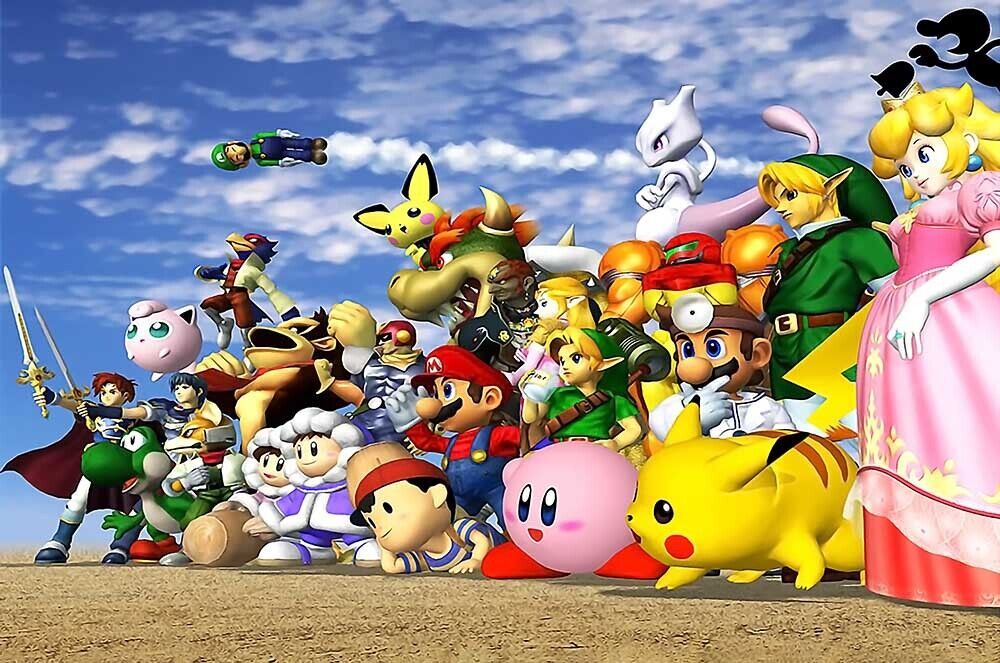 Illustration de Super Smash Bros. Melee réunissant Mario, Pikachu, Link, Kirby, Peach et les autres combattants