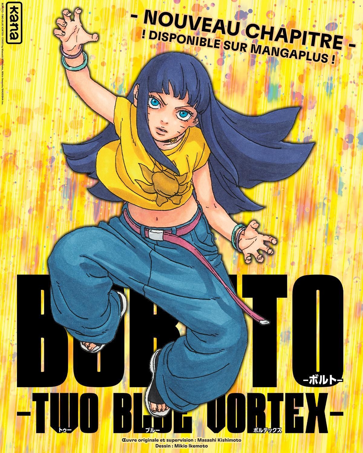 Affiche Kana de Boruto: Two Blue Vortex avec Himawari en t-shirt jaune et jean, annonçant un nouveau chapitre