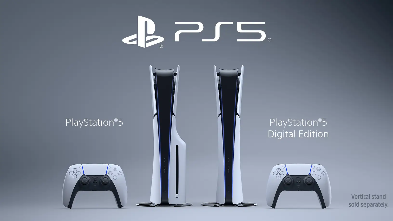 Visuel officiel des PS5 Slim standard et Digital Edition, chacune entourée d’une manette, sous le logo PS5