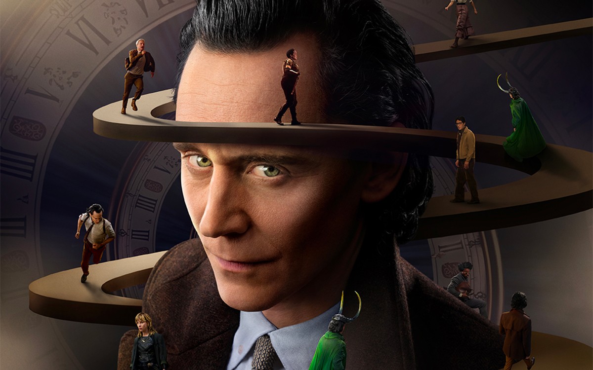 Affiche de Loki saison 2, Tom Hiddleston au centre et des personnages sur des spirales temporelles