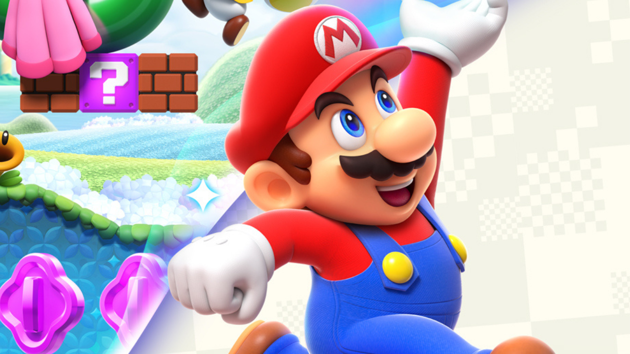 Mario tout sourire, le poing levé, devant un décor de Super Mario Bros. Wonder avec un bloc «&nbsp; ?&nbsp;» violet