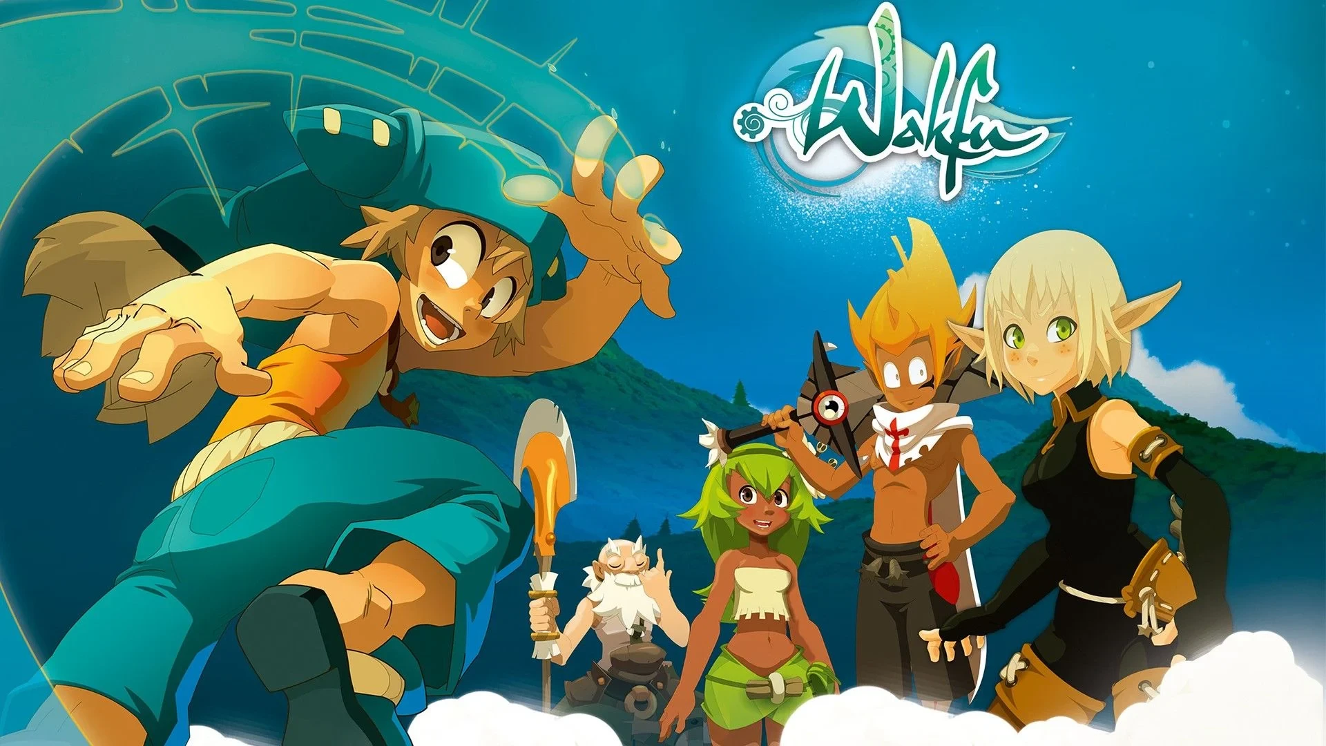 Visuel de Wakfu&nbsp;: Yugo, Ruel, Amalia, Tristepin et Evangelyne sous le logo de la série