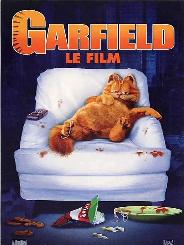 Affiche de Garfield, le film&nbsp;: le chat vautré dans un fauteuil taché de sauce, des spaghettis à la bouche