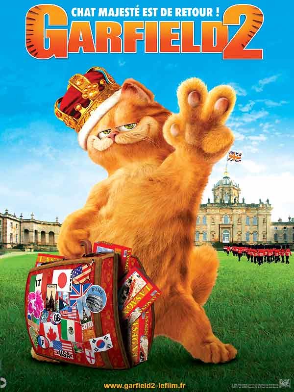 Affiche de Garfield 2&nbsp;: le chat couronné, une valise à la main, devant un château anglais