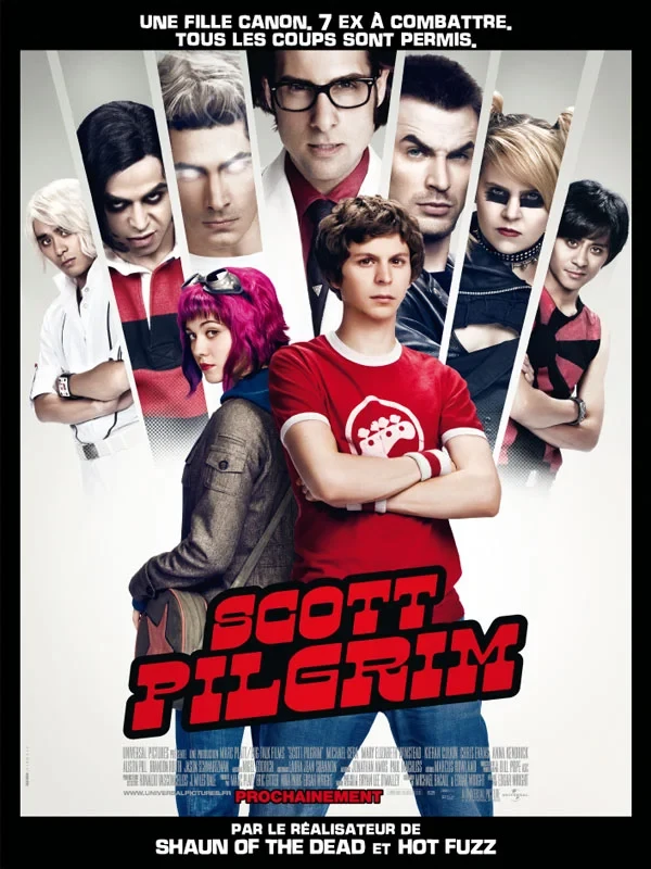 Affiche française du film Scott Pilgrim&nbsp;: Michael Cera et Mary Elizabeth Winstead devant les sept ex