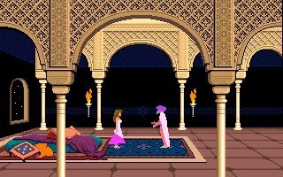 Prince of Persia (1989)&nbsp;: la princesse face au vizir Jaffar dans une salle du palais