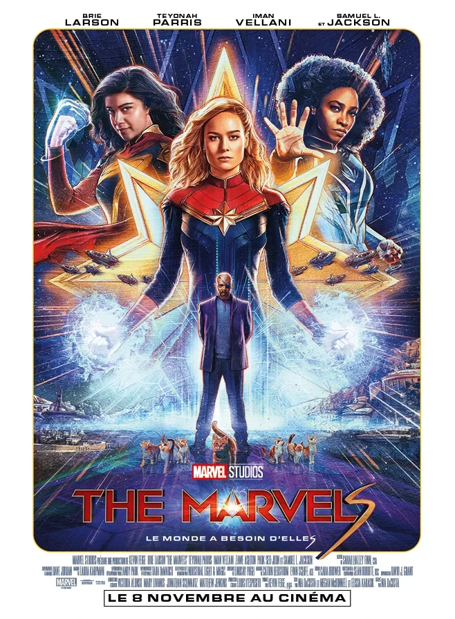 Affiche française de The Marvels&nbsp;: le trio d’héroïnes, Nick Fury et des chats, sortie le 8 novembre au cinéma