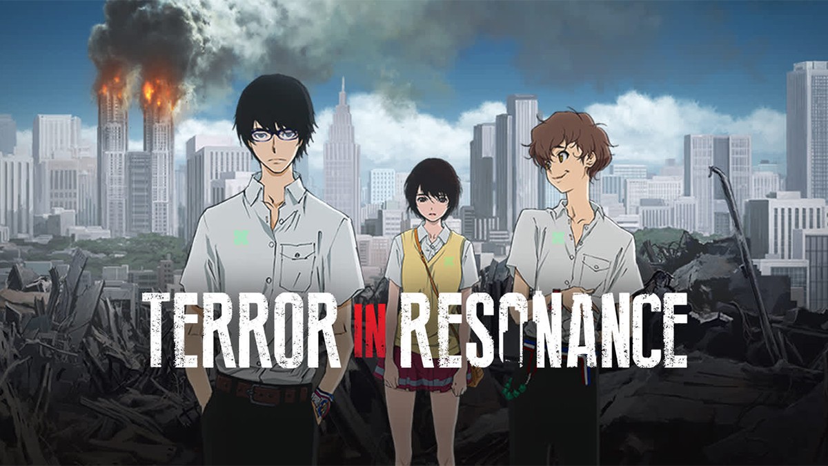 Visuel de l’anime Terror in Resonance&nbsp;: trois adolescents devant une ville en ruines