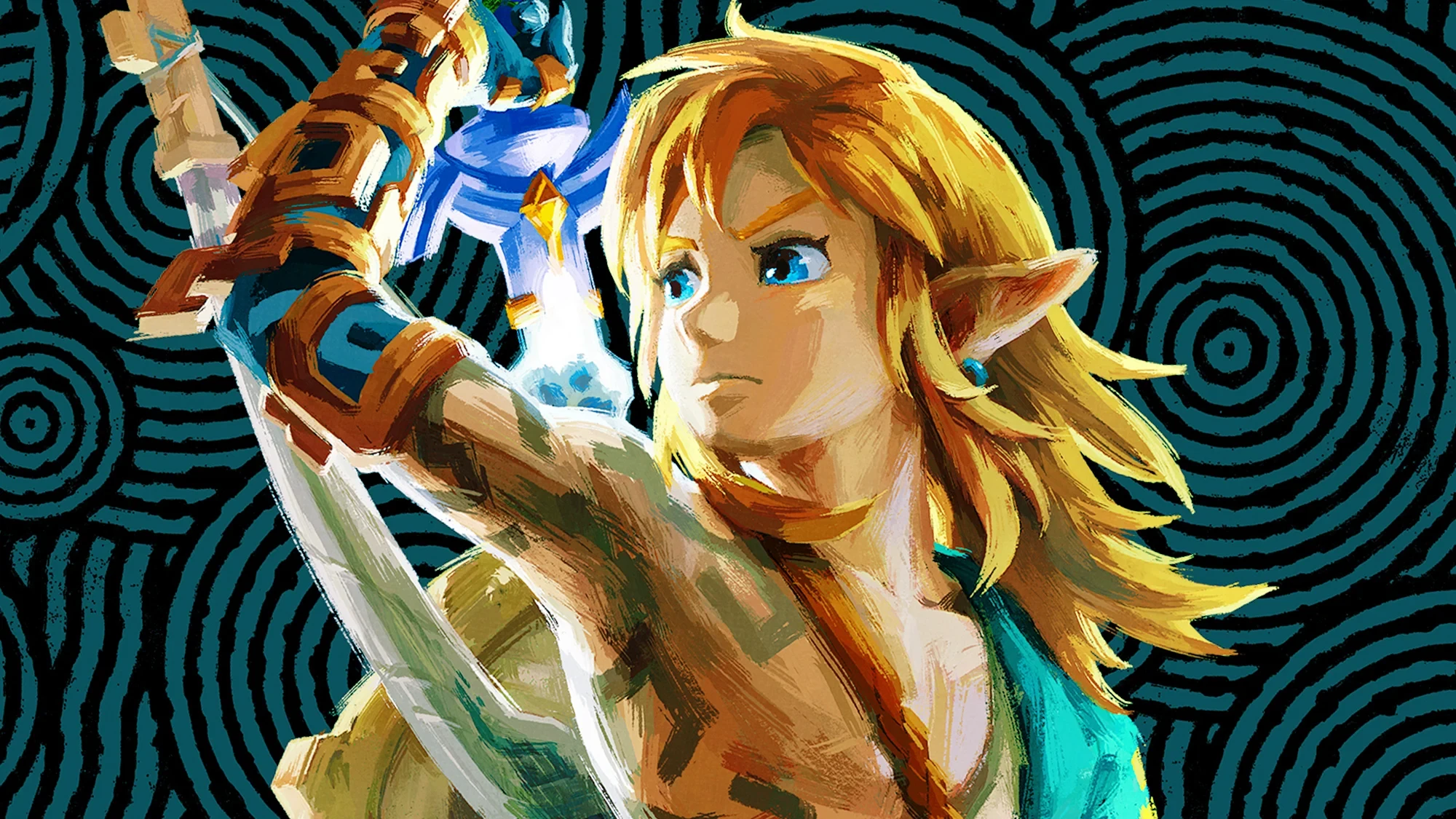 Link, l’épée de légende en main, illustré en peinture sur fond de spirales
