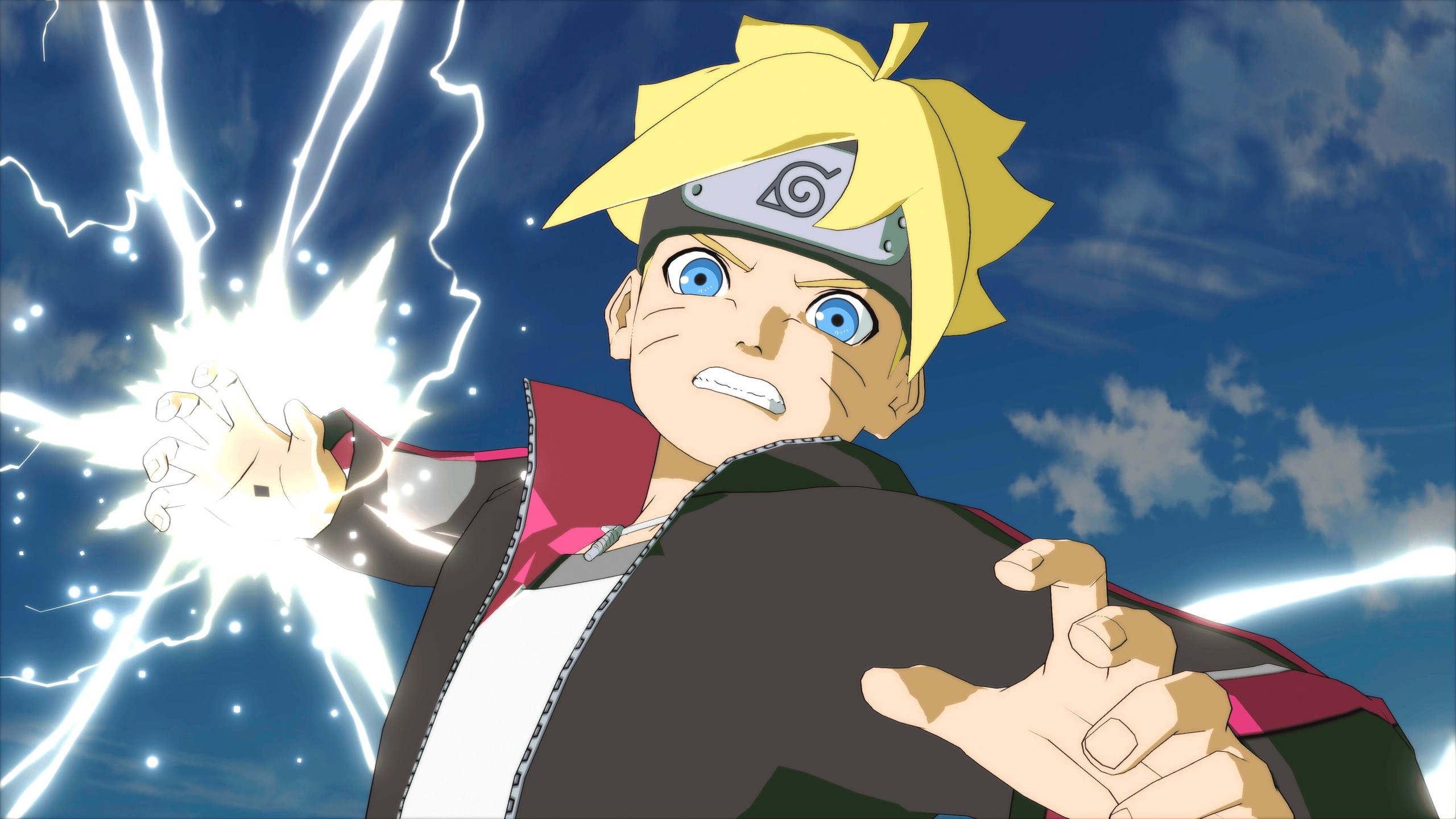 Capture du jeu&nbsp;: Boruto, bandeau de Konoha au front, lance une attaque électrique