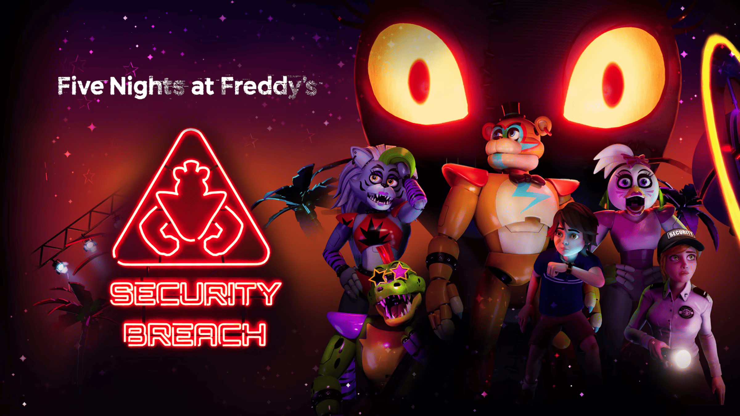 Visuel de Five Nights at Freddy’s: Security Breach, logo néon et animatroniques autour d’un garçon