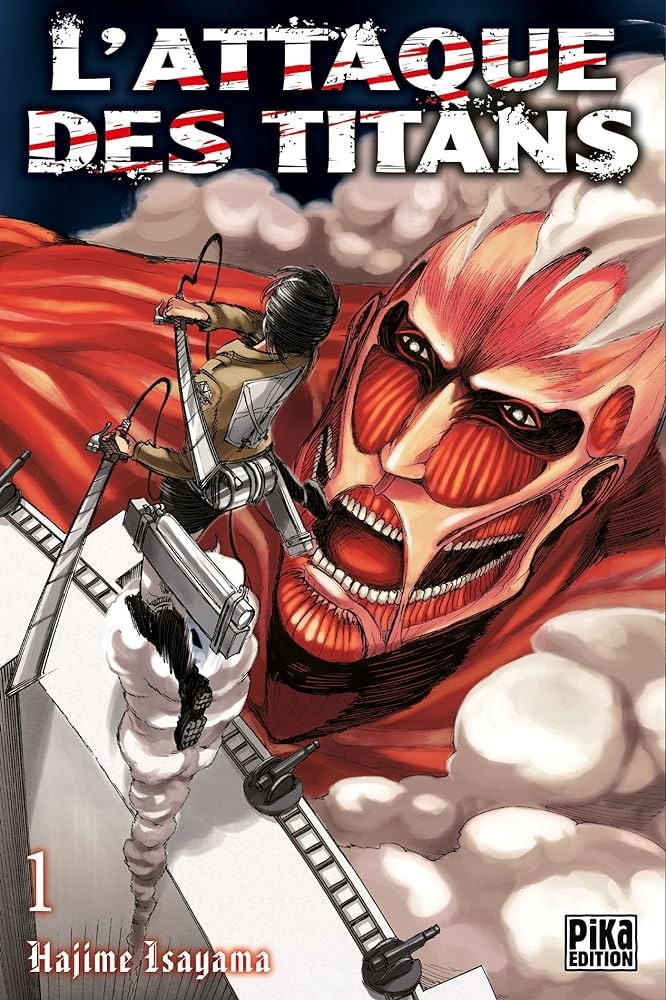 Couverture du tome 1 de L’Attaque des Titans chez Pika&nbsp;: un soldat face au Titan colossal