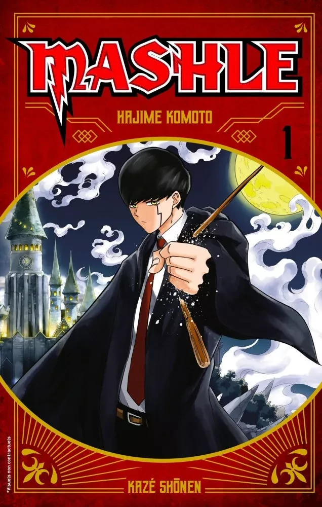 Couverture du tome 1 de Mashle chez Kazé&nbsp;: Mash Burnhead brise une baguette magique