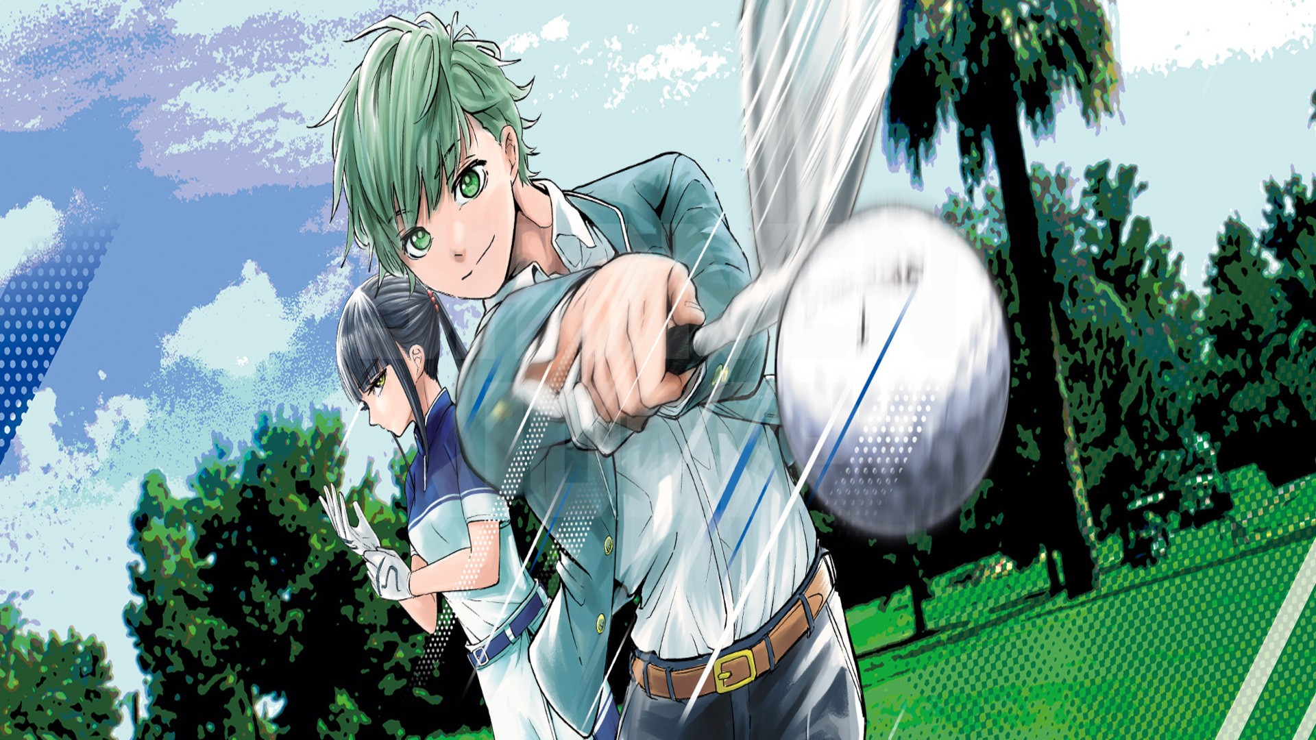 Haku Yaesaki, cheveux verts, frappe une balle de golf, avec une golfeuse en arrière-plan sur un parcours arboré