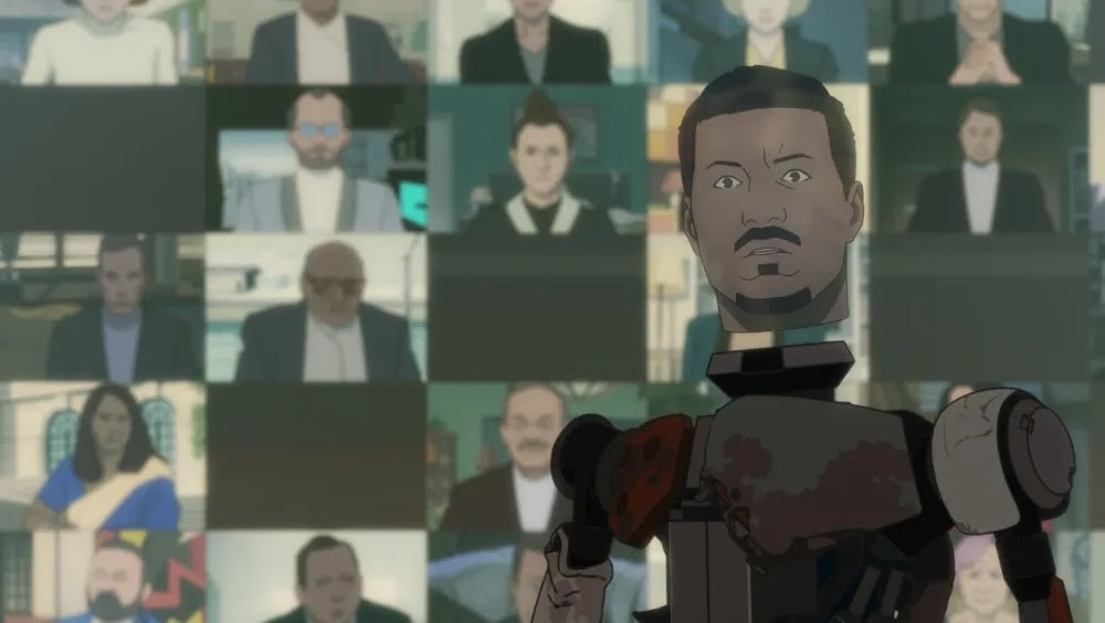 Carlos Rivera, tête humaine sur un corps de robot abîmé, devant un mur de visages