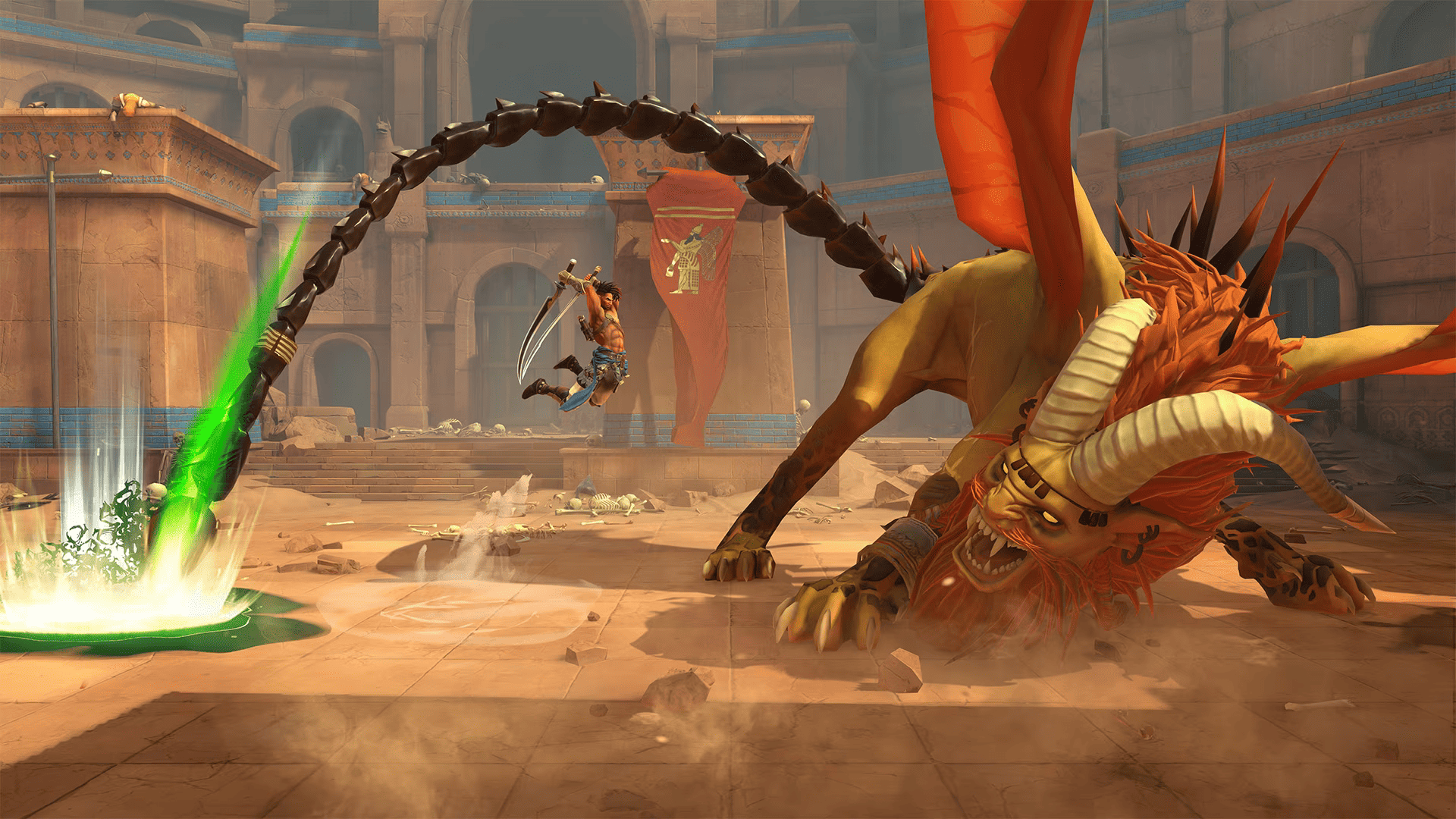Capture de The Lost Crown&nbsp;: Sargon saute sur une manticore dans une arène