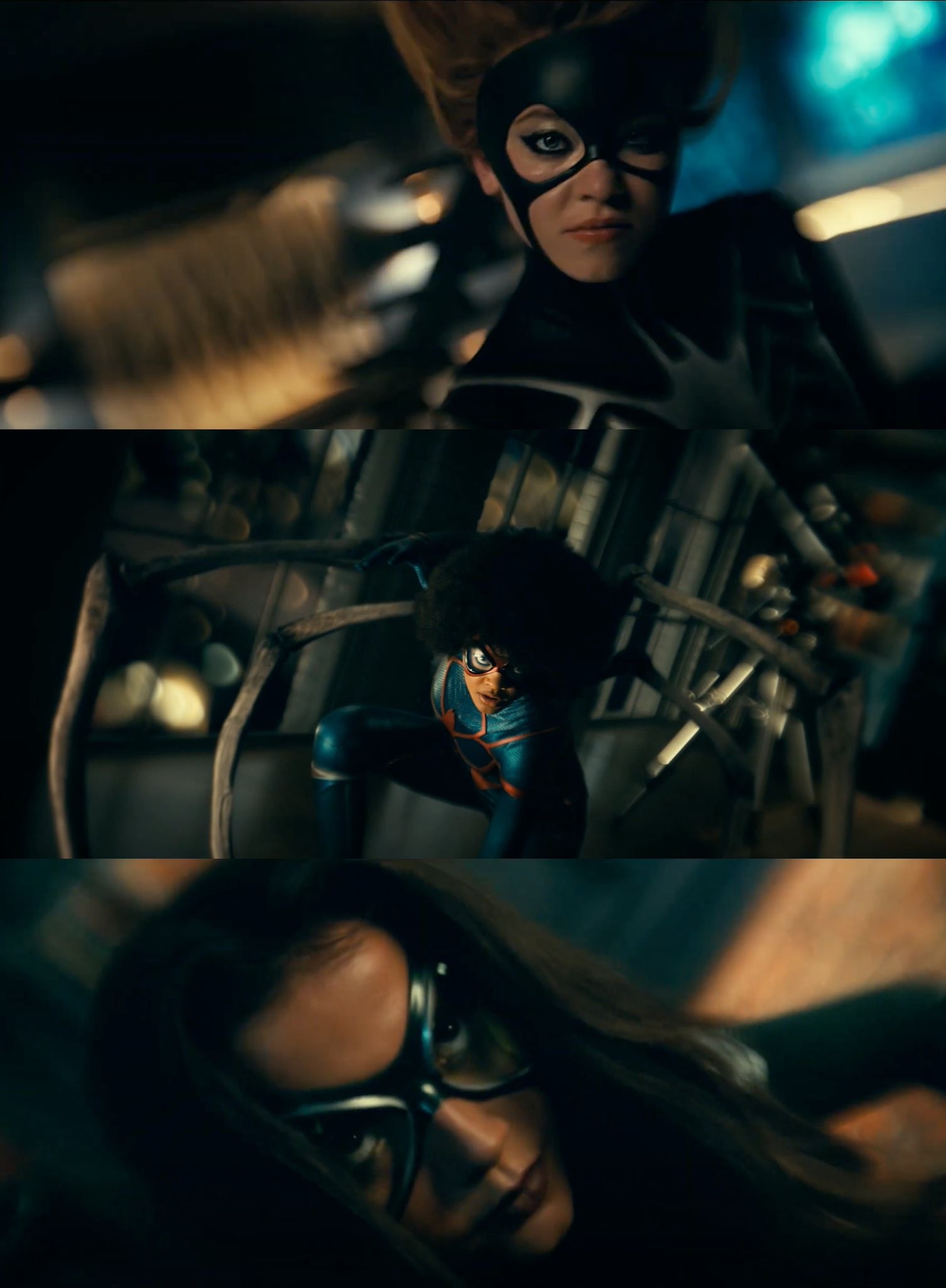 Trois plans de la bande-annonce de Madame Web montrant les trois Spider-Women masquées