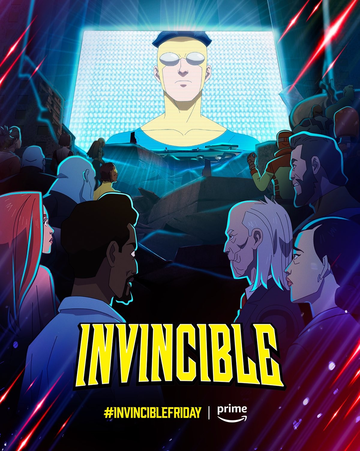 Affiche de la saison 2 d’Invincible&nbsp;: des personnages regardent Mark sur un écran géant