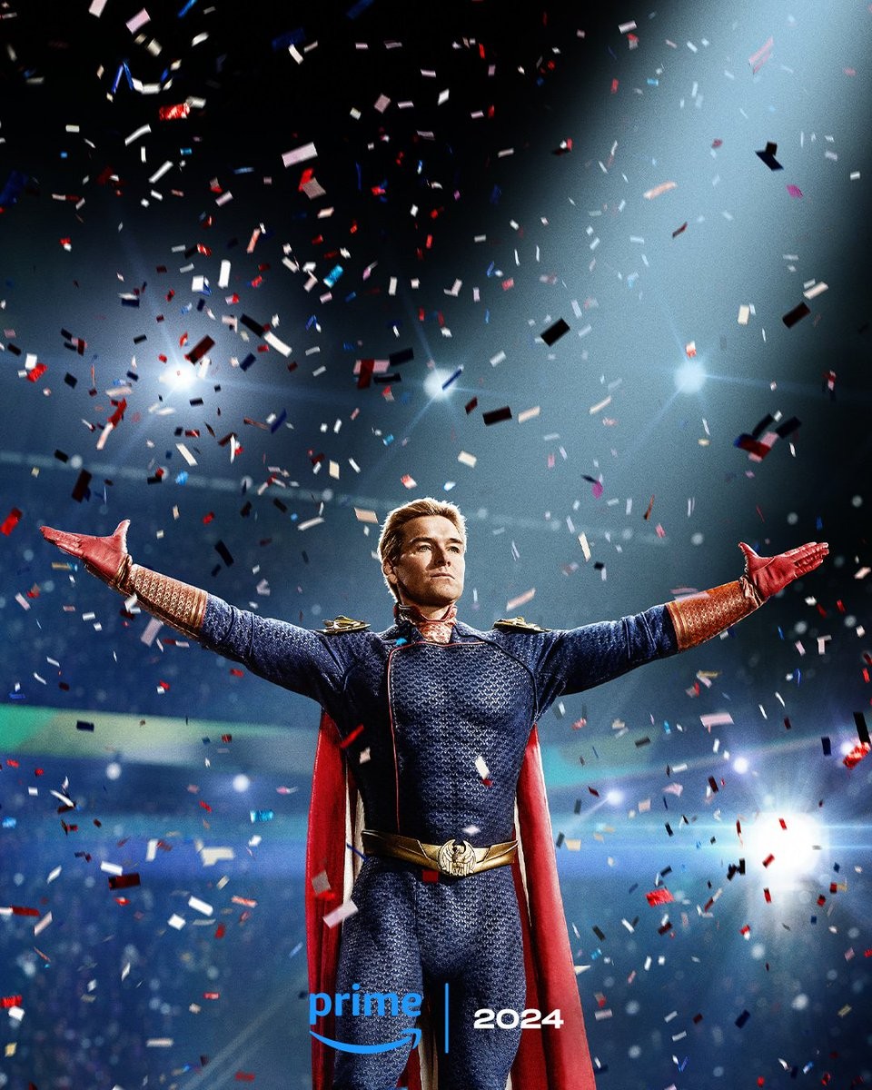 Affiche de la saison 4 de The Boys&nbsp;: le Homelander sous les confettis, avec le logo Prime et 2024