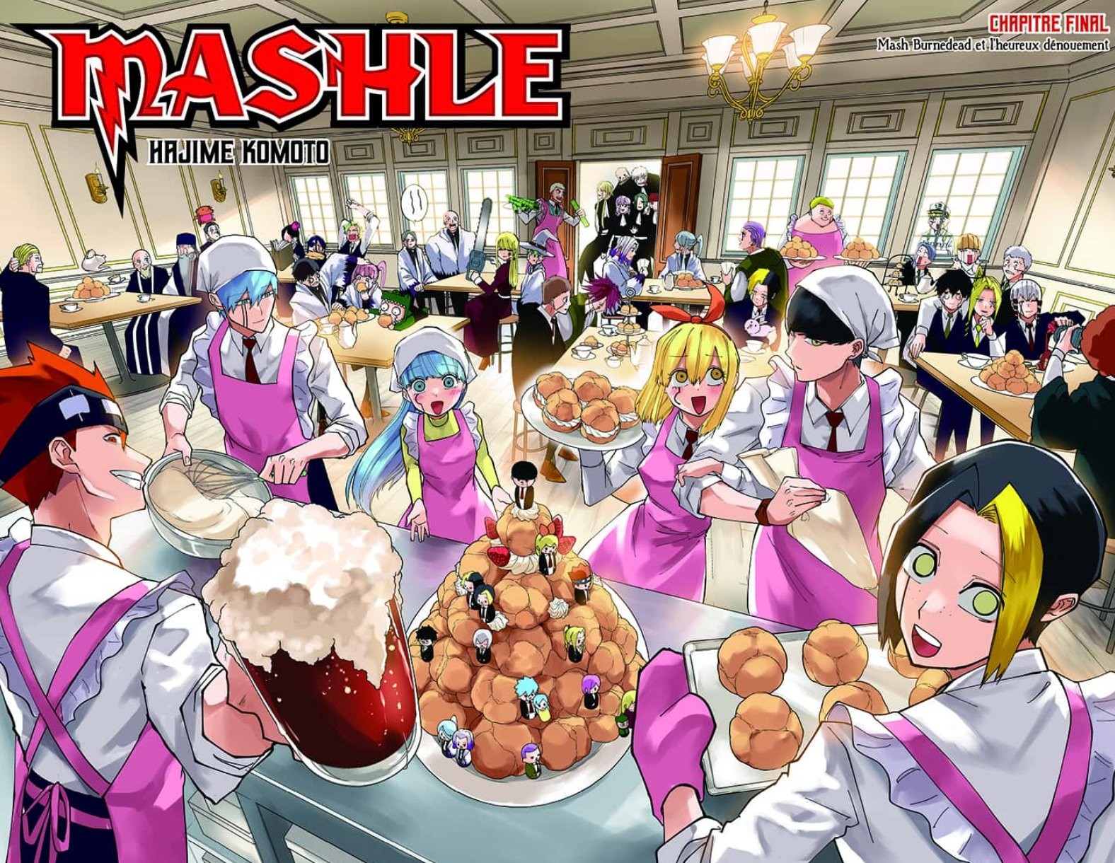 Illustration couleur du chapitre final de Mashle&nbsp;: Mash et ses amis préparent des choux à la crème