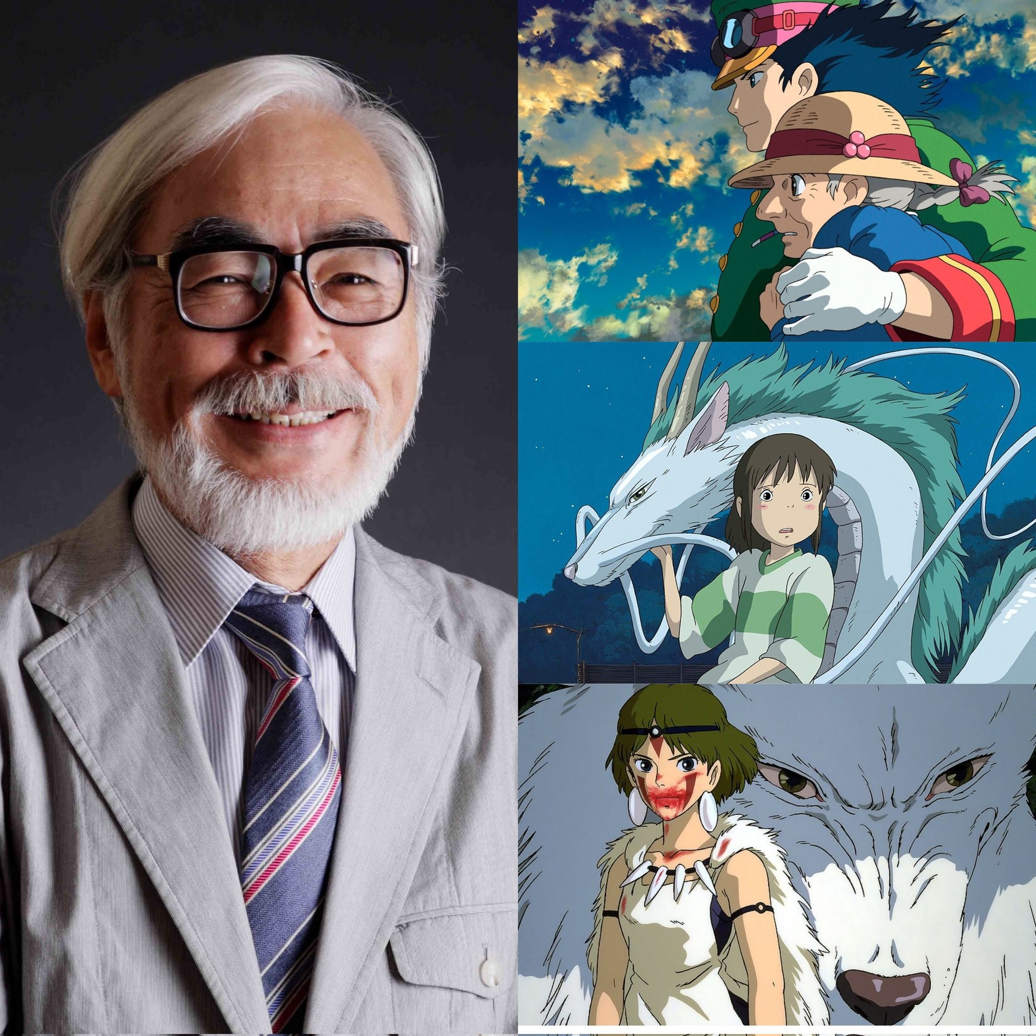 Portrait souriant d’Hayao Miyazaki à côté de scènes du Château ambulant, du Voyage de Chihiro et de Princesse Mononoké