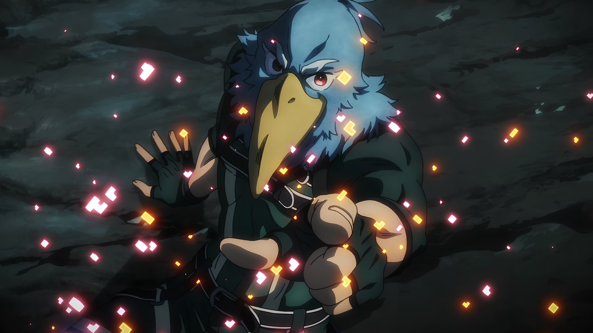 Sunraku et sa tête d’oiseau dans l’anime Shangri-La Frontier, entouré d’éclats lumineux